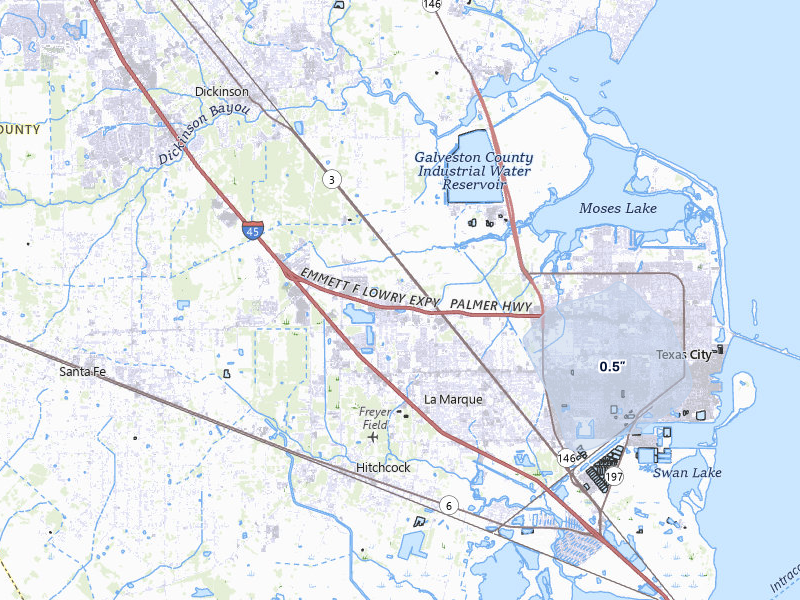 NEXRAD radar-signature map of the hail storm over Texas City, TX on Jul 8, 2026