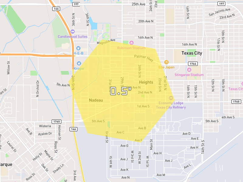 Hail map of Texas City, TX on Jul 8, 2026, hail up to 0.5"
