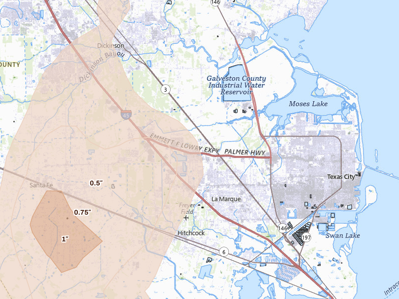 Radar-estimated hail-size map of the storm over Texas City, TX on Jul 22, 2026