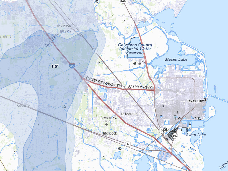 NEXRAD radar-signature map of the hail storm over Texas City, TX on Jul 22, 2026