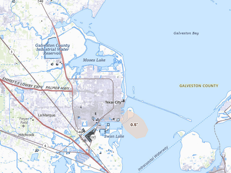 Radar-estimated hail-size map of the storm over Texas City, TX on Aug 23, 2026