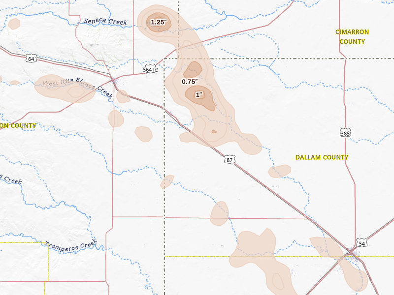 Radar-estimated hail-size map of the storm over Texline, TX on May 23, 2026
