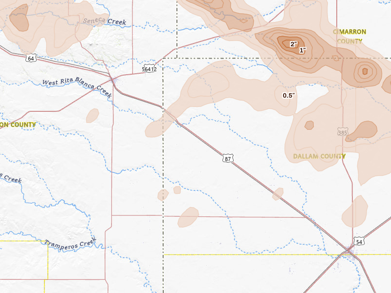 Radar-estimated hail-size map of the storm over Texline, TX on Jun 26, 2026