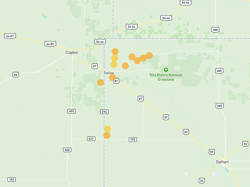 Hail map of Texline, TX on Jun 27, 2026, hail up to 1.25"