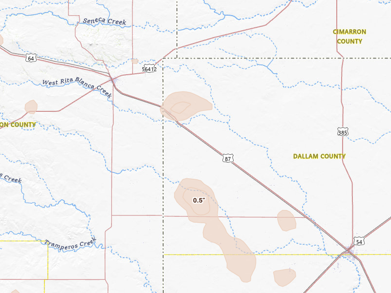Radar-estimated hail-size map of the storm over Texline, TX on Aug 25, 2026