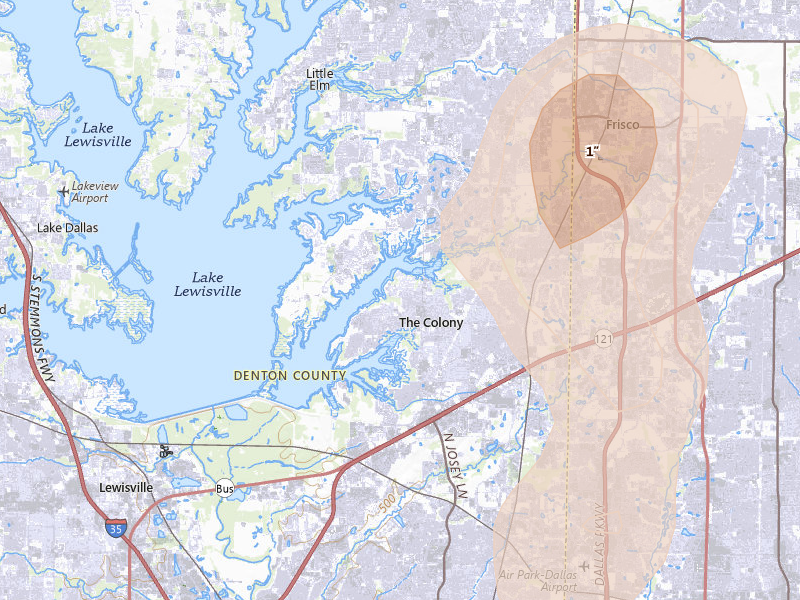 Radar-estimated hail-size map of the storm over The Colony, TX on Jun 2, 2026