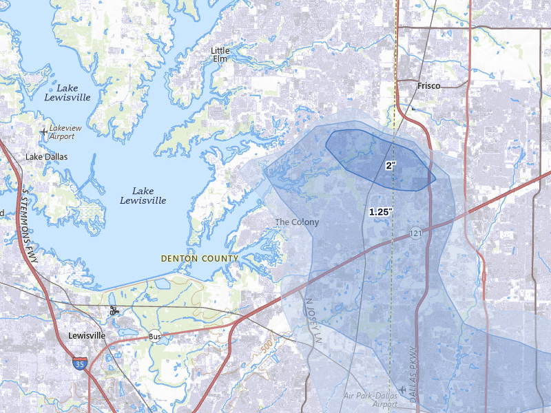 NEXRAD radar-signature map of the hail over The Colony, TX