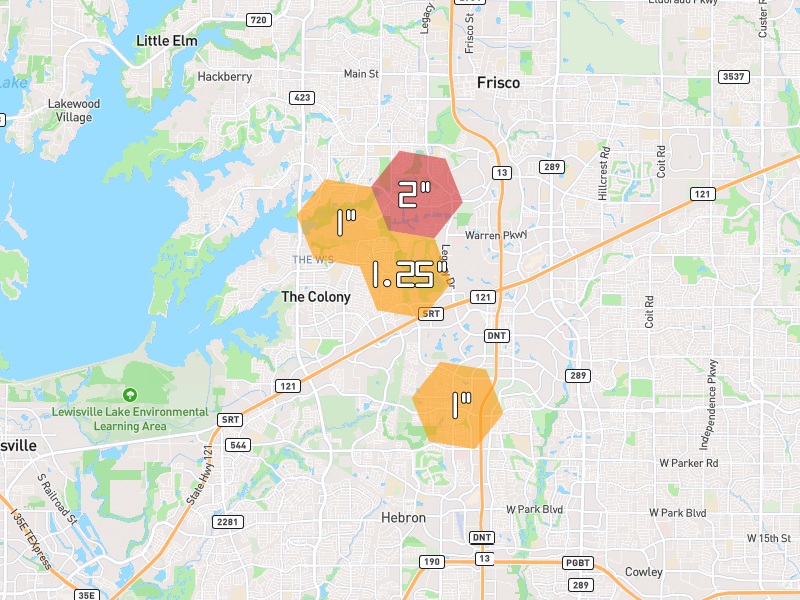 Hail map of The Colony, TX on Jun 2, 2026, hail up to 2"