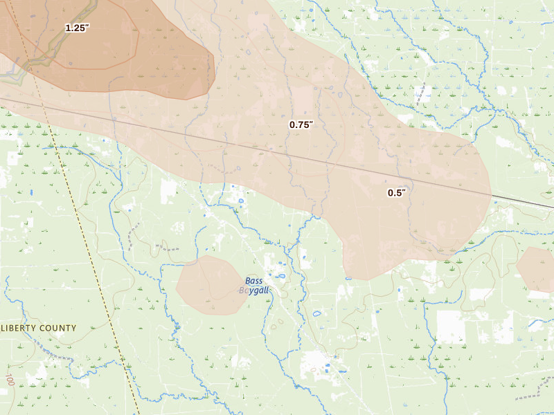 Radar-estimated hail-size map of the storm over Thicket, TX on Mar 15, 2026