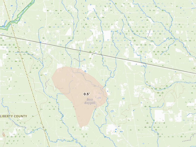 Radar-estimated hail-size map of the storm over Thicket, TX on Aug 27, 2026