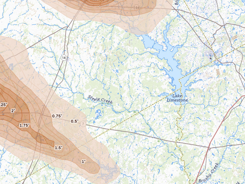 Radar-estimated hail-size map of the storm over Thornton, TX on Apr 28, 2026