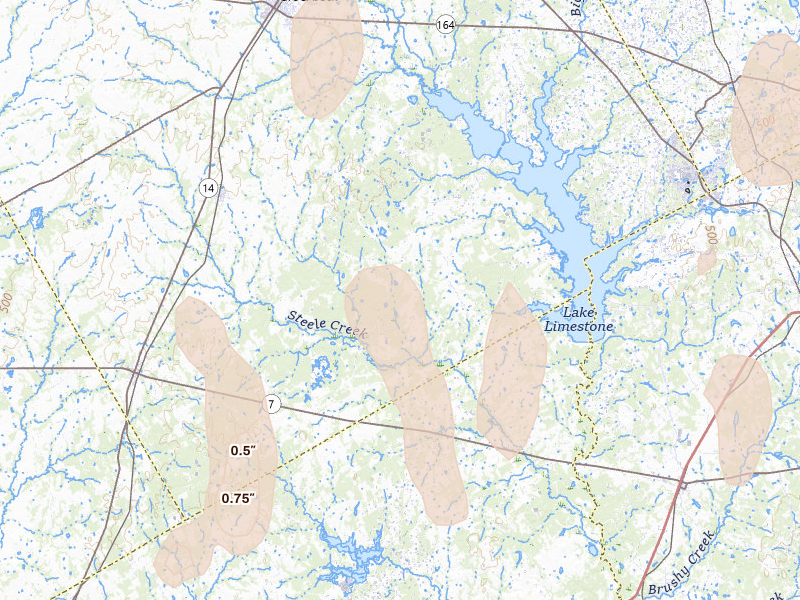Radar-estimated hail-size map of the storm over Thornton, TX on May 26, 2026