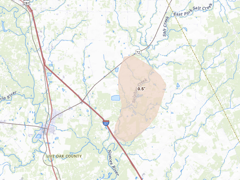Radar-estimated hail-size map of the storm over Three Rivers, TX on May 19, 2026