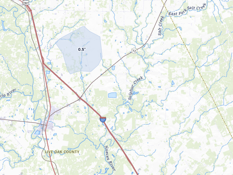 NEXRAD radar-signature map of the hail storm over Three Rivers, TX on May 26, 2026