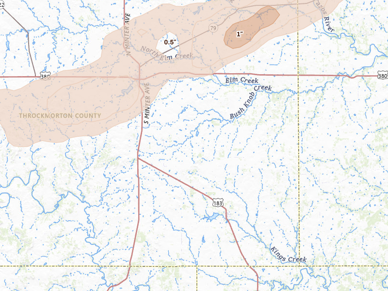 Radar-estimated hail-size map of the storm over Throckmorton, TX on Mar 6, 2026