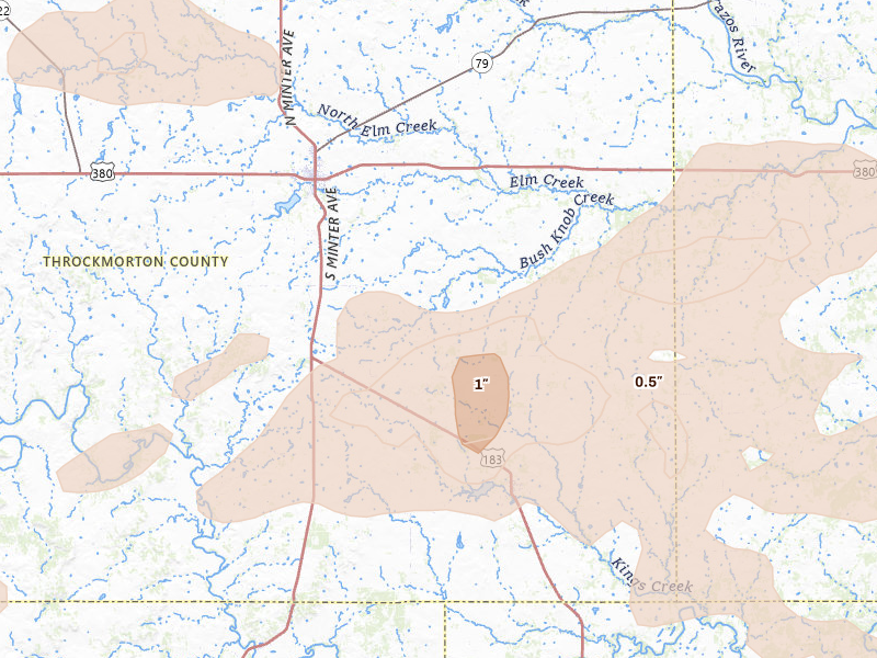 Radar-estimated hail-size map of the storm over Throckmorton, TX on May 10, 2026
