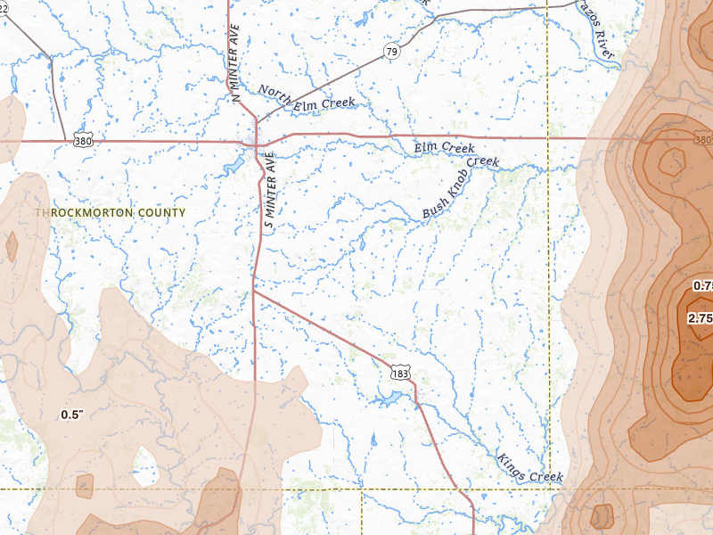 Radar-estimated hail-size map of the storm over Throckmorton, TX on Jul 5, 2026