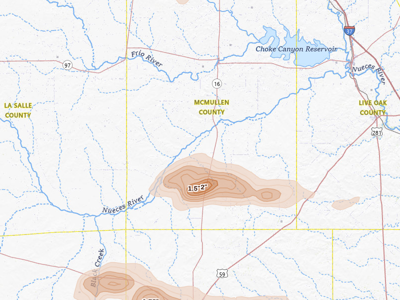 Radar-estimated hail-size map of the storm over Tilden, TX on Mar 7, 2026