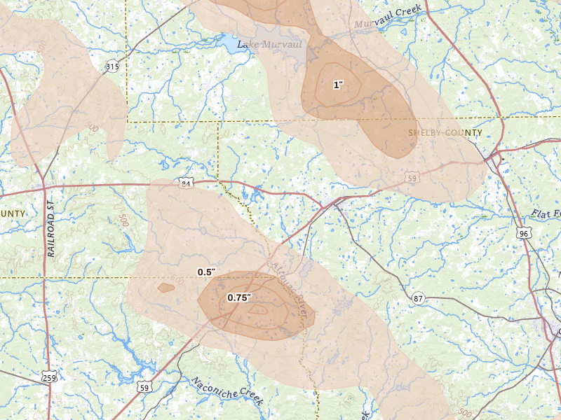 Radar-estimated hail-size map of the storm over Timpson, TX on Apr 24, 2026