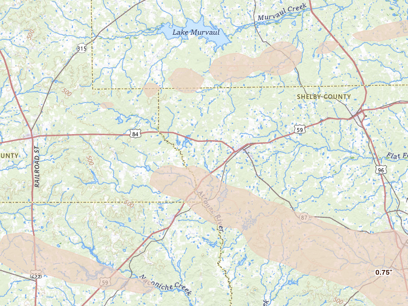 Radar-estimated hail-size map of the storm over Timpson, TX on Apr 29, 2026