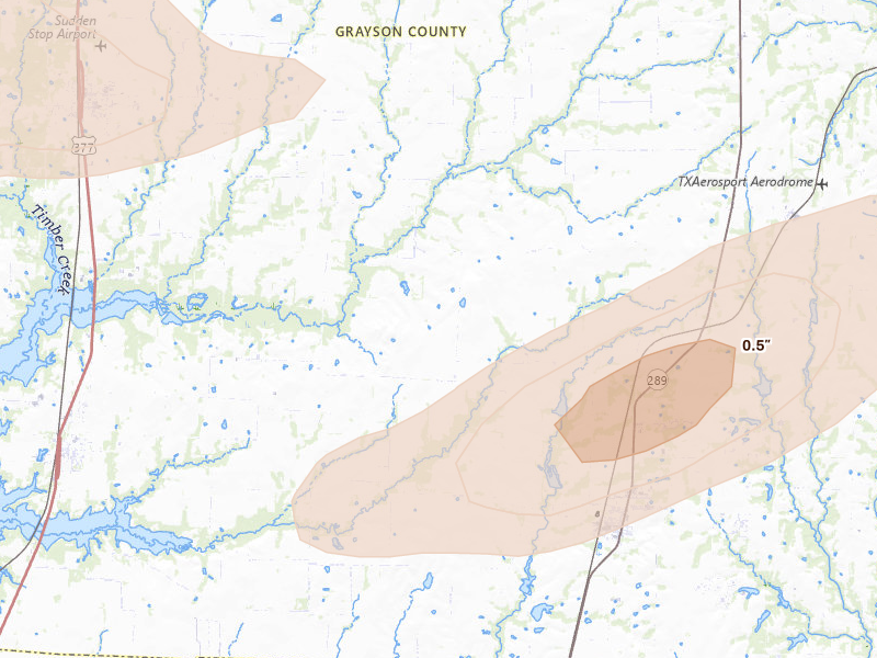 Radar-estimated hail-size map of the storm over Tioga, TX on Mar 4, 2026