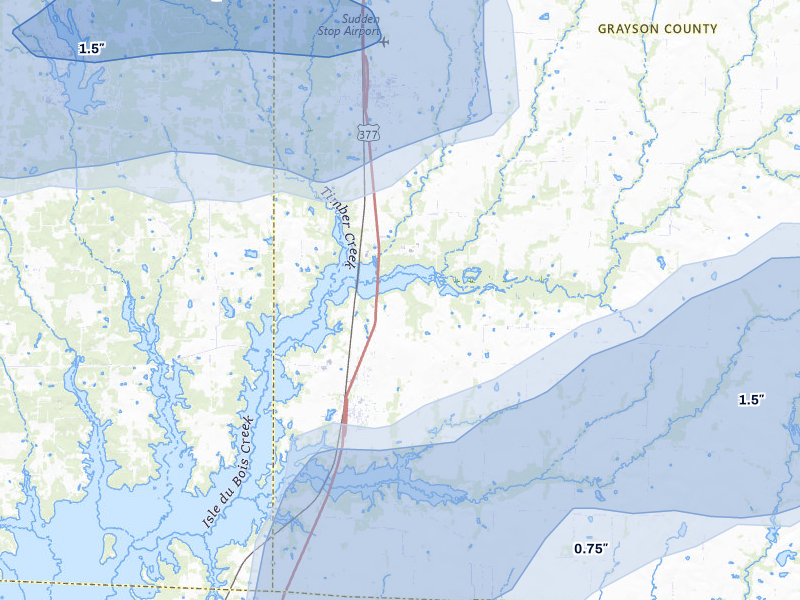 NEXRAD radar-signature map of the hail storm over Tioga, TX on Mar 4, 2026