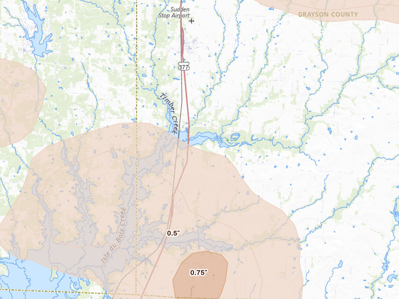 Radar-estimated hail-size map of the storm over Tioga, TX on May 9, 2026