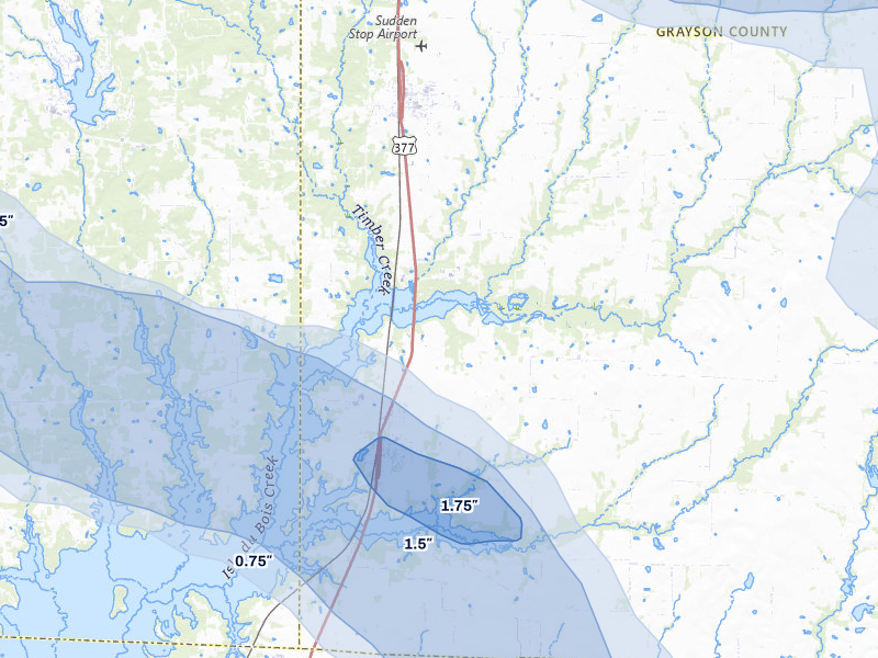 NEXRAD radar-signature map of the hail storm over Tioga, TX on May 9, 2026
