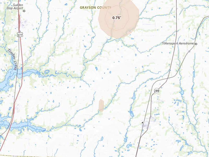 Radar-estimated hail-size map of the storm over Tioga, TX on Aug 7, 2026
