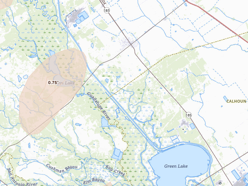 Radar-estimated hail-size map of the storm over Tivoli, TX on May 23, 2026