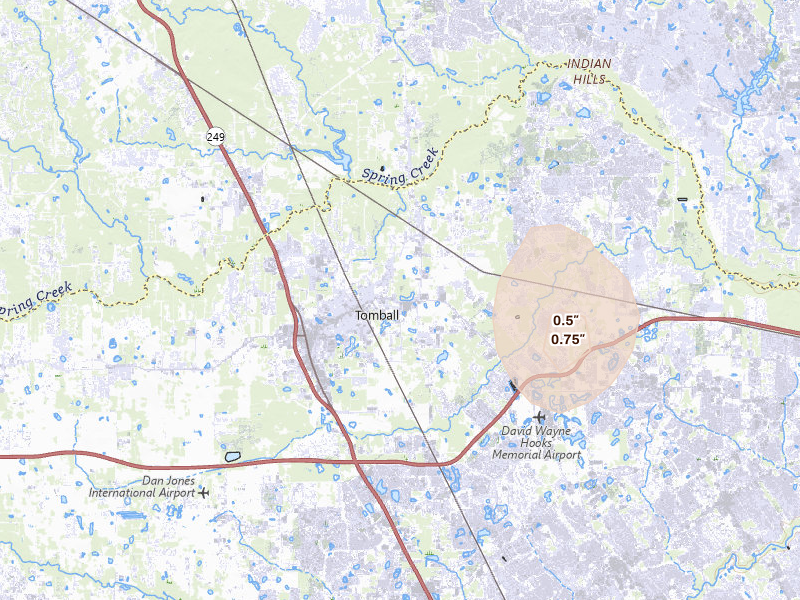 Radar-estimated hail-size map of the storm over Tomball, TX on Jun 1, 2026