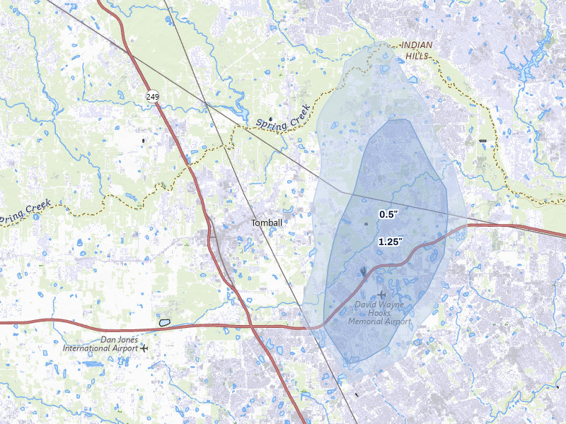 NEXRAD radar-signature map of the hail storm over Tomball, TX on Jun 1, 2026