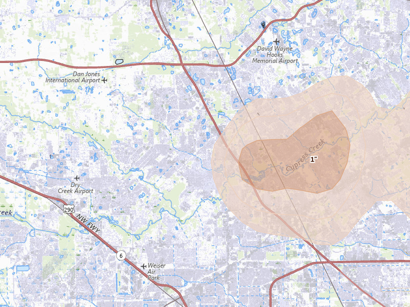 Radar-estimated hail-size map of the storm over Tomball, TX on Aug 28, 2026