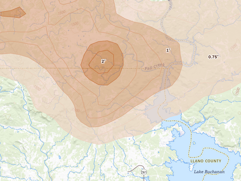 Radar-estimated hail-size map of the storm over Tow, TX on Apr 12, 2026