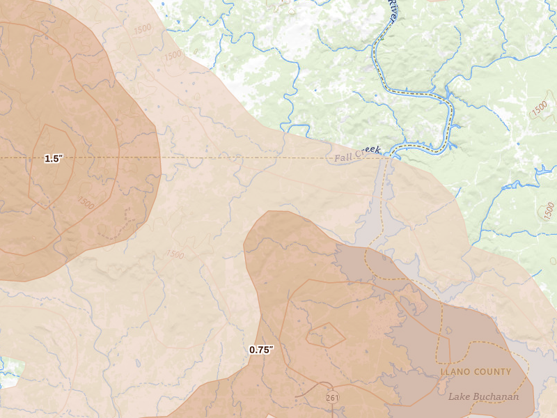 Radar-estimated hail-size map of the storm over Tow, TX on May 10, 2026
