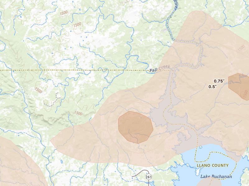 Radar-estimated hail-size map of the storm over Tow, TX on May 19, 2026