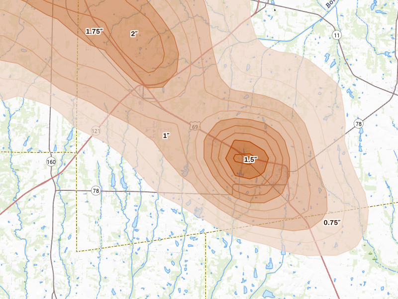 Radar-estimated hail-size map of the storm over Trenton, TX on Apr 25, 2026