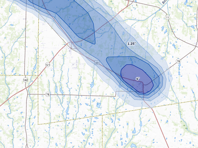 NEXRAD radar-signature map of the hail over Trenton, TX