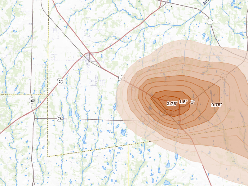 Radar-estimated hail-size map of the storm over Trenton, TX on Apr 26, 2026