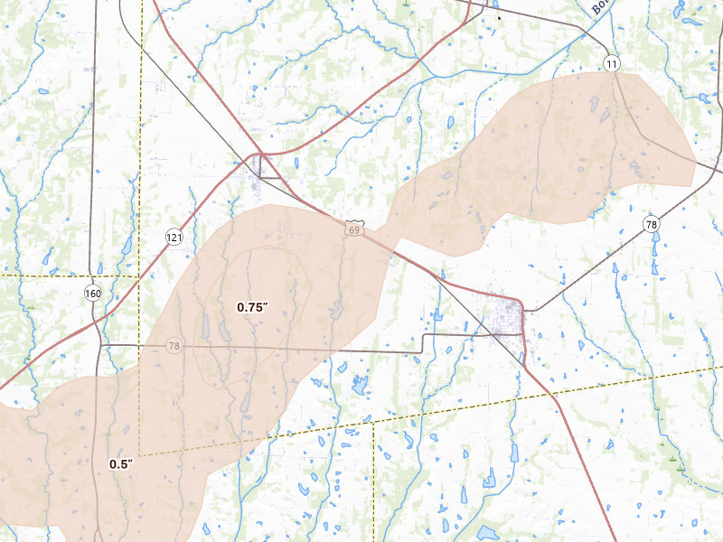 Radar-estimated hail-size map of the storm over Trenton, TX on Jun 6, 2026