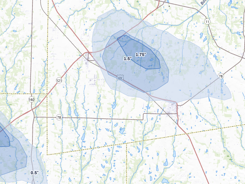 NEXRAD radar-signature map of the hail storm over Trenton, TX on Jul 6, 2026