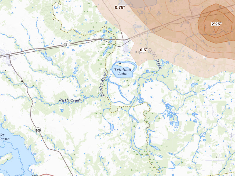 Radar-estimated hail-size map of the storm over Trinidad, TX on Apr 29, 2026