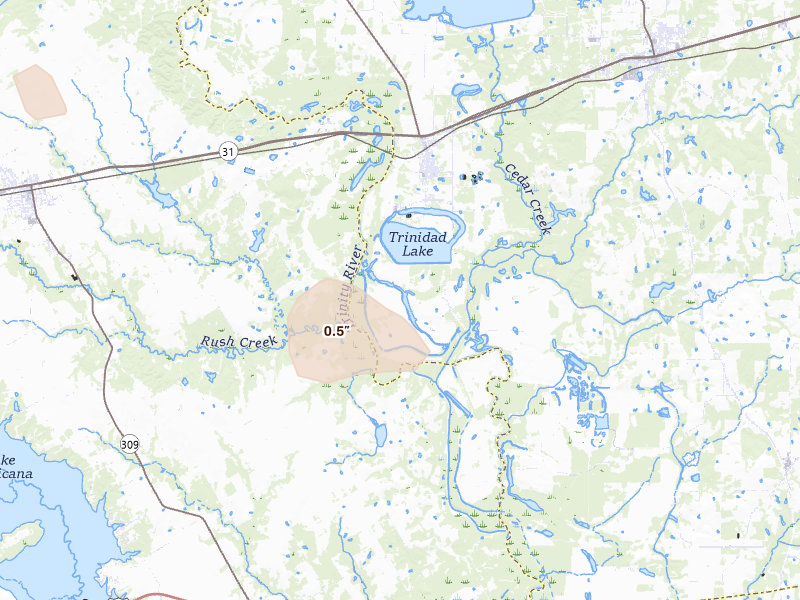 Radar-estimated hail-size map of the storm over Trinidad, TX on May 24, 2026