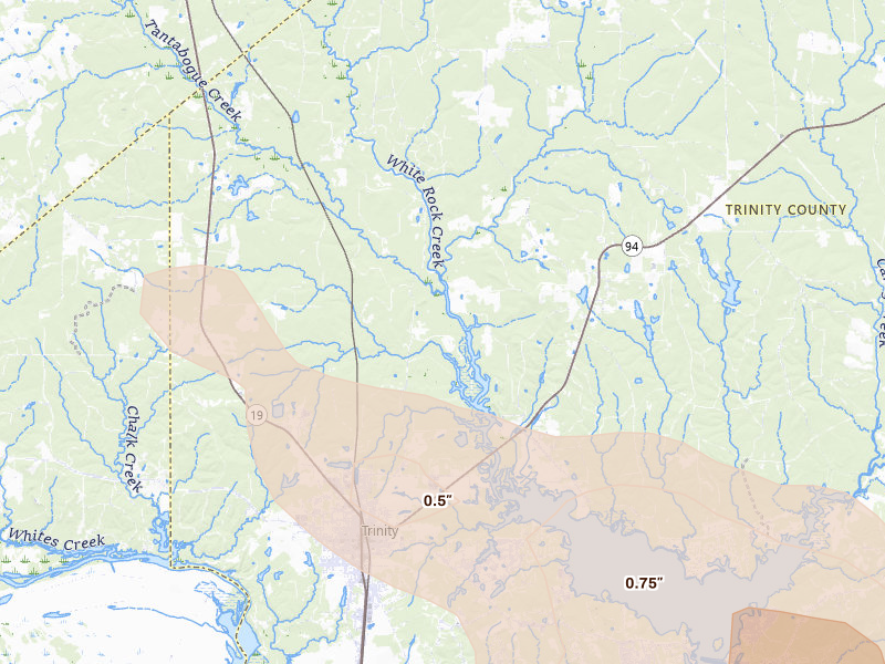 Radar-estimated hail-size map of the storm over Trinity, TX on Mar 15, 2026