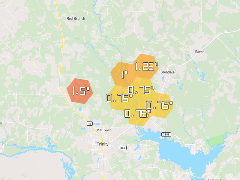 Hail map of Trinity, TX on Jun 2, 2026, hail up to 1.5"