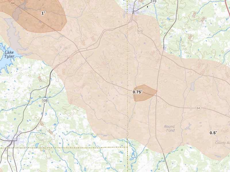 Radar-estimated hail-size map of the storm over Troup, TX on Mar 15, 2026