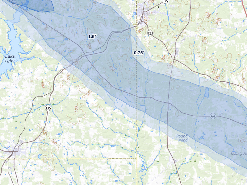 NEXRAD radar-signature map of the hail over Troup, TX