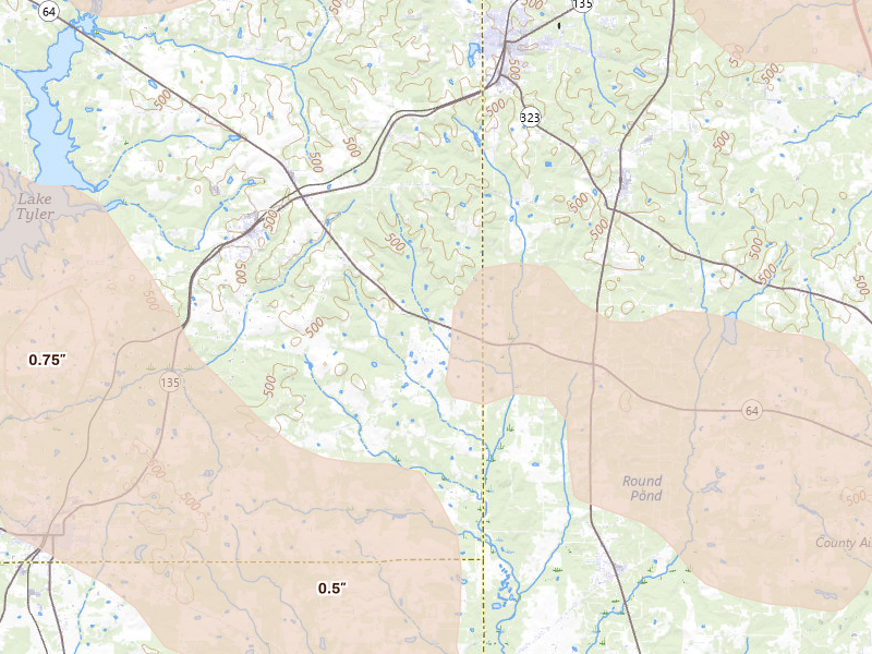 Radar-estimated hail-size map of the storm over Troup, TX on Apr 24, 2026
