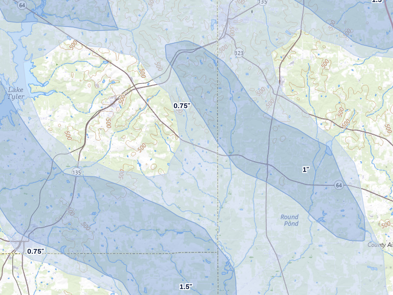 NEXRAD radar-signature map of the hail over Troup, TX