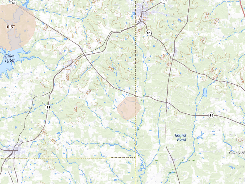 Radar-estimated hail-size map of the storm over Troup, TX on Jun 2, 2026